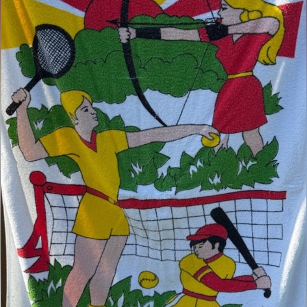 VTG 50's 60's Graphic Novelty Beach Towel Summer Sun Sports  54"x32" B